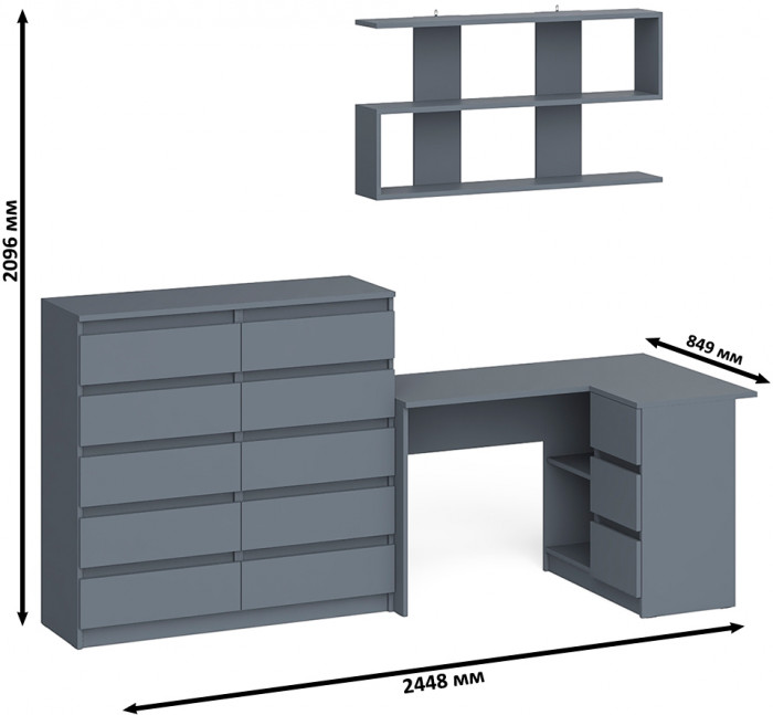 Мори компьютерный стол МС-16 правый + Комод МК1200.10 + Полка 1200, графит