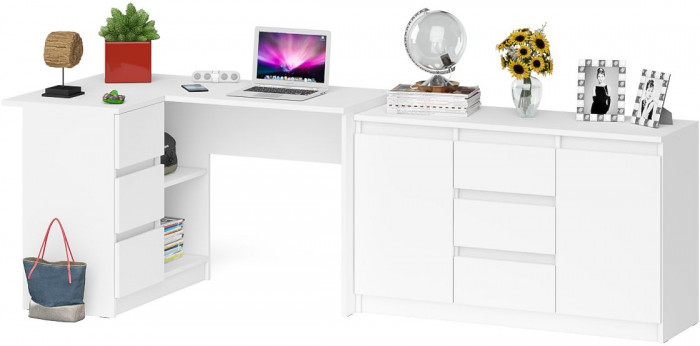 Мори Стол компьютерный МС-16 левый + Комод МК1200.3, цвет белый, ШхГхВ 244,8х84,9х76,6 см., выдвижные ящики слева, НЕ универсальная сборка