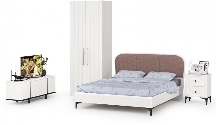 Валенсия Спальня № 36, цвет ЛДСП белый шагрень/чёрный/МДФ белый шагрень/ткань велутто 19, ортопед есть, сп. м. 1600х2000 мм., б/м