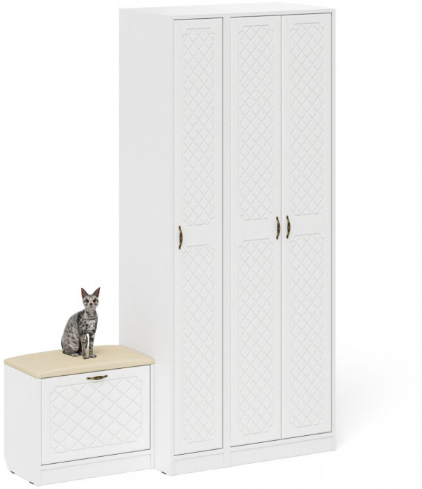 Прихожая П-6 Компоновка № 45, цвет белая шагрень/фасады МДФ белое дерево фрезеровка ромб, ШхГхВ 150х50х210 см., универсальная сборка