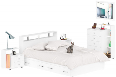Камелия спальня № 12 Кровать с ящиками 1400 + Две тумбы + Комод + Зеркало, белый