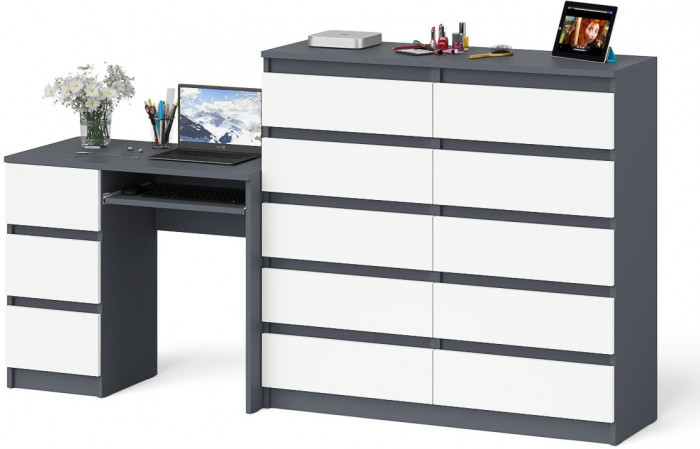 Мори компьютерный стол МС-6 левый + Комод МК1200.10, графит/белый