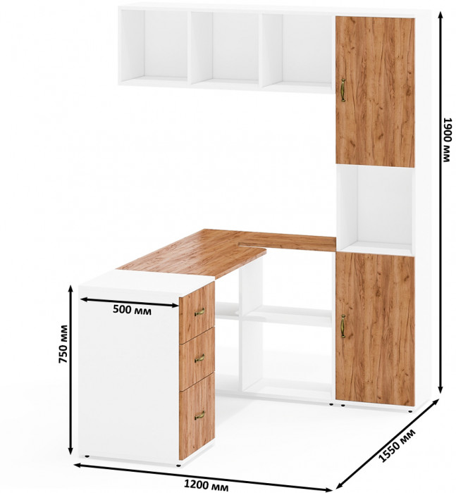 Лидер-8 Стол + Полка + Тумба МД 3.16 + Пенал, цвет белый шагрень/крафт золото, ШхГхВ 245х50/30х75/190 или 120х155/30х75/190 см., НЕ универс. сб.