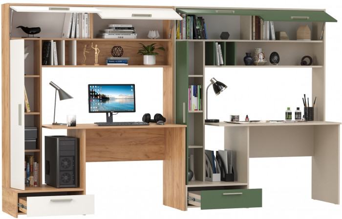 Два Стола письменных Лайт 03.243Н, цвет дуб крафт золотой/белый премиум/сатин/дымчатый зелёный, ШхГхВ 300,4х57,3х179,9 см., НЕ универсальная сборка