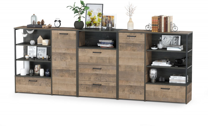 Трувор 13.307.01 Комод + 13.307.02 Комод с ящиками + 13.307.01 Комод, цвет дуб гранж песочный/интра, ШхГхВ 284х37х106,9 см., универсальная сборка