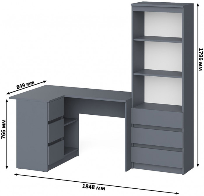 Мори компьютерный стол МС-16 левый + Стеллаж МСТ600.3, графит