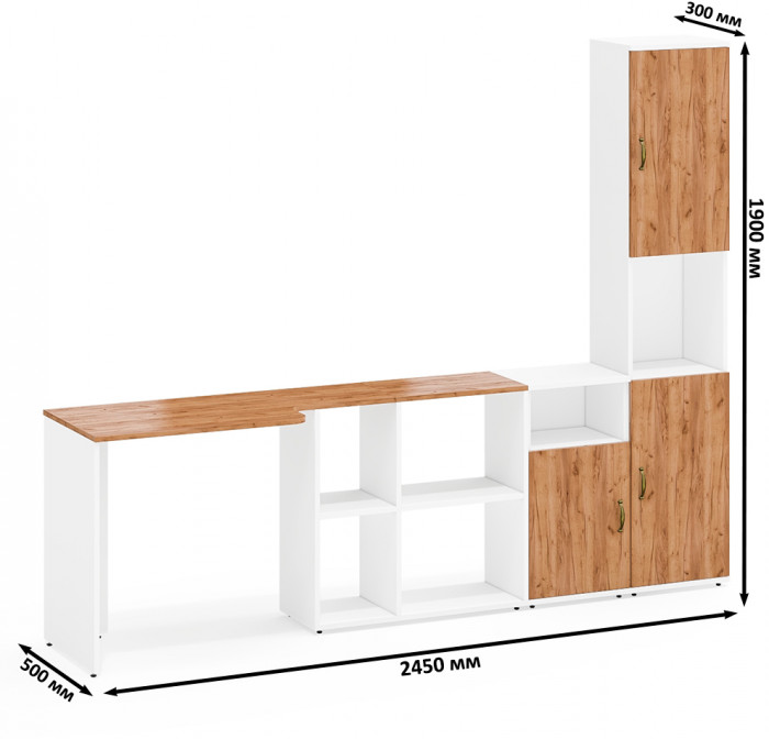 Лидер-8 Стол + Тумба МД 3.19 + Пенал, цвет белый шагрень/крафт золото, ШхГхВ 245х50/30х75/190 см. или 115х50/160х75/190 см., НЕ универсальная сборка