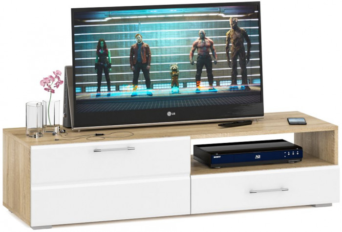 Спальня Стандарт 3-1600, дуб сонома/фасады ТВ тумбы МДФ белый глянец