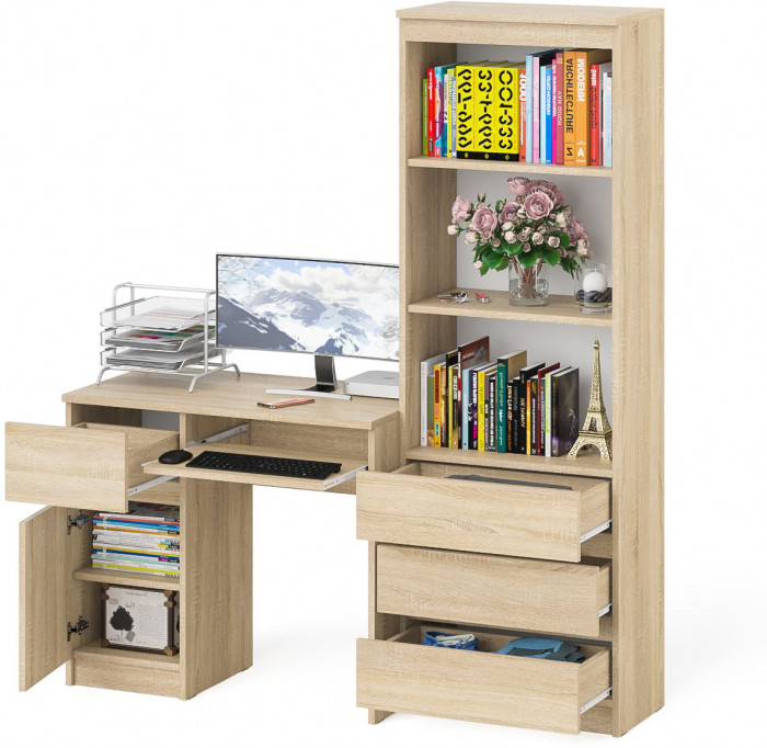 Мори компьютерный стол МС-1 левый + Стеллаж МСТ600.3, дуб сонома