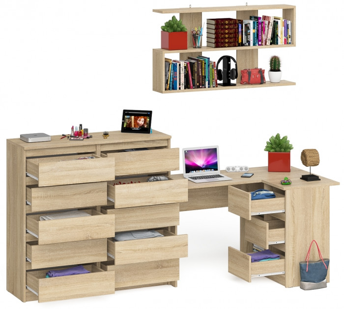 Мори компьютерный стол МС-16 правый + Комод МК1200.10 + Полка 1200, дуб сонома