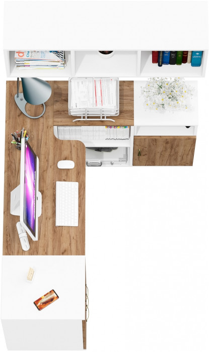 Лидер-8 Стол + Полка + Тумба МД 3.16 + Тумба МД 3.19, цвет белый шагрень/крафт золото, ШхГхВ 245х50/30х75/190 или 155х120/50х75/190 с, НЕ универс. сб.