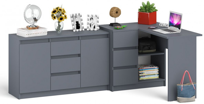 Мори Стол компьютерный МС-16 левый + Комод МК1200.3, цвет графит, ШхГхВ 244,8х84,9х76,6 см., выдвижные ящики слева, НЕ универсальная сборка