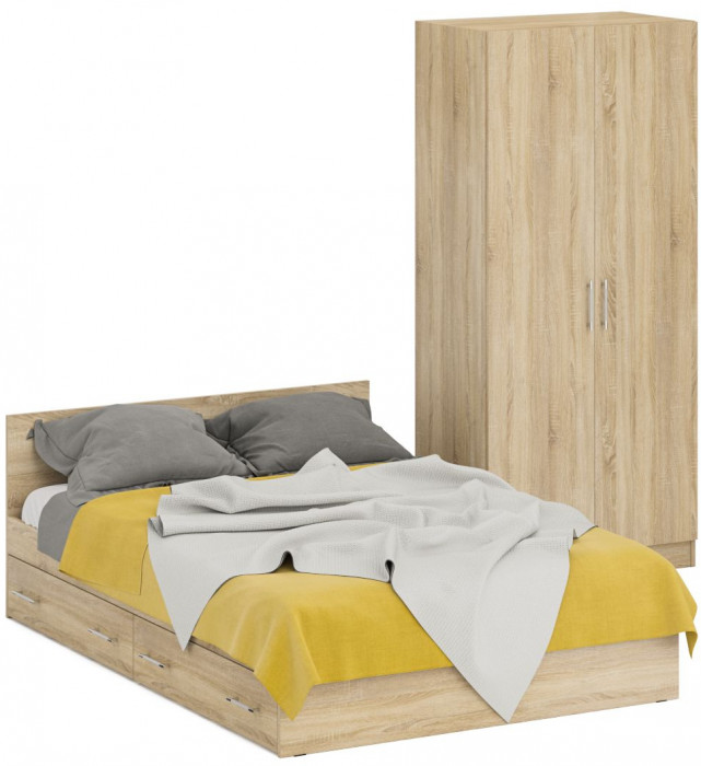 Кровать с ящиками 1400 + Шкаф 2-х створчатый Стандарт, цвет дуб сонома, ШхГхВ 143,5х203,5х70 + 90х52х200 см., сп.м. 1400х2000 мм., б/м, основание есть