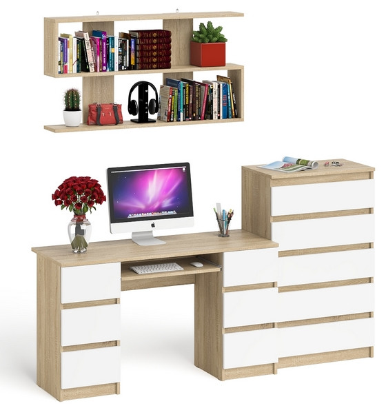 Мори компьютерный стол МС-2 + Комод МК700.5 + Полка 1200, дуб сонома/белый