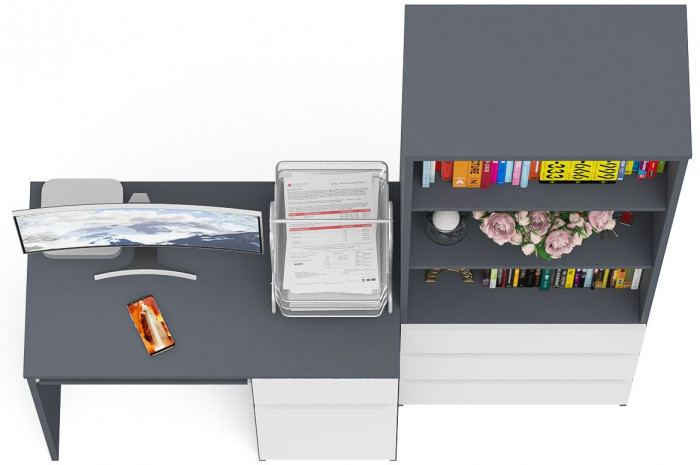 Мори компьютерный стол МС-1 правый + Стеллаж МСТ600.3, графит/белый