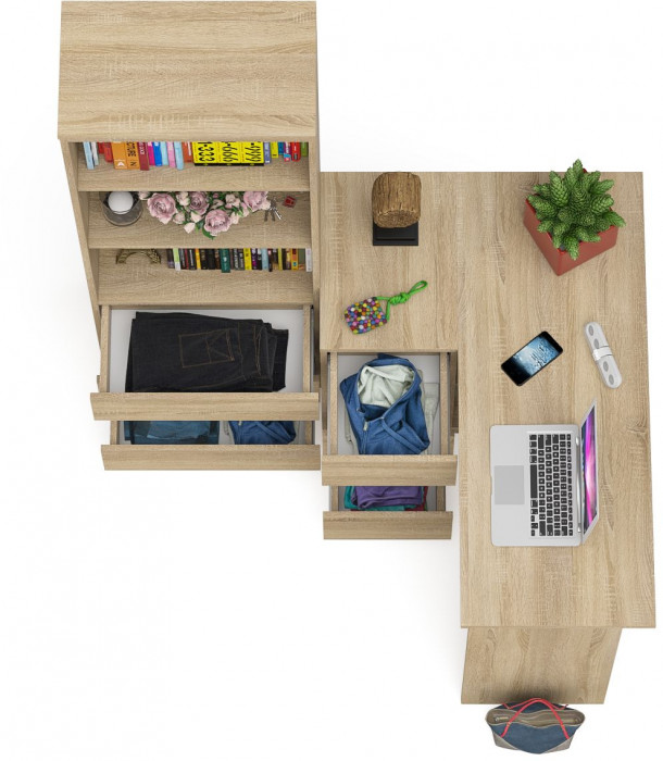 Мори компьютерный стол МС-16 левый + Стеллаж МСТ600.3, дуб сонома