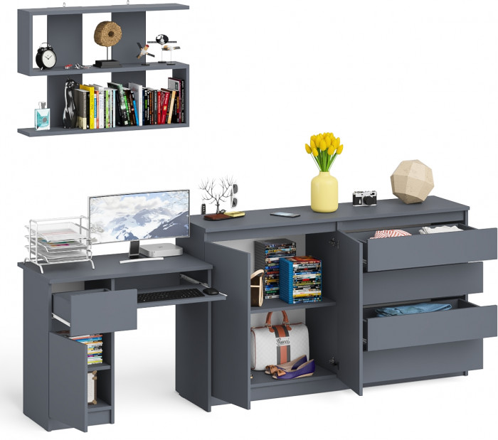 Мори Стол компьютерный МС-1 левый + Комод МК1600.1 + Полка 900, цвет графит, ШхГхВ 250,4х50х209,6 см., НЕ универсальная сборка