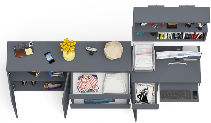 Мори Стол компьютерный МС-1 левый + Комод МК1600.1 + Полка 900, цвет графит, ШхГхВ 250,4х50х209,6 см., НЕ универсальная сборка