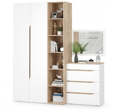 Муссон 13.198 Шкаф + 13.349 Стеллаж + 13.97 Комод + Зеркало СВК, цвет белый/дуб эндгрейн элегантный, ШхГхВ 204,6х52,3х229,8 см., НЕ универс. сб.