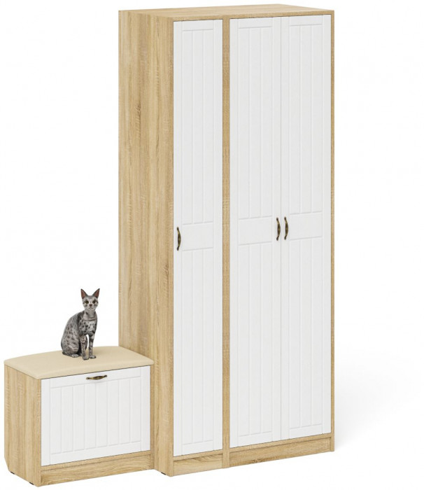 Прихожая П-6 Компоновка № 45, цвет дуб сонома/фасады МДФ белое дерево фрезеровка прованс, ШхГхВ 150х50х210 см., универсальная сборка