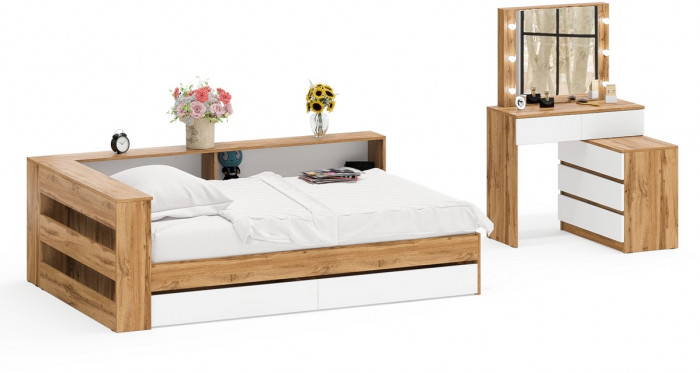 Ксения Кровать с ящиками 1200 + прикроватный блок + Столик с подсветкой 110, дуб вотан/белый