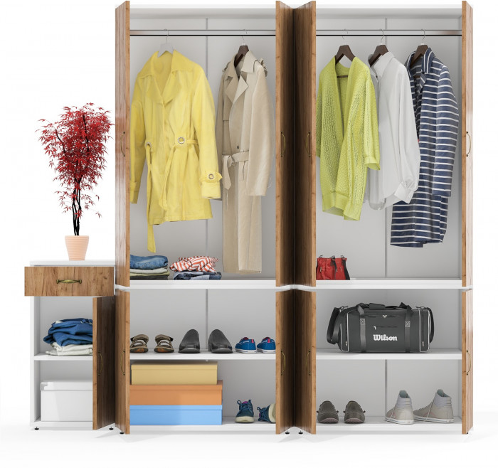 Лидер-8 Шкаф МД 19Б + Шкаф МД 19Б + Тумба МД 3.15, цвет белый шагрень/крафт золото, ШхГхВ 200х50х190 см., универсальная сборка