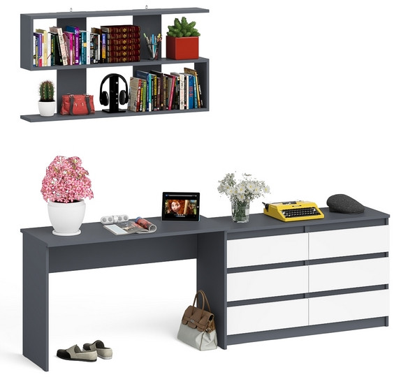 Мори Стол письменный МСП1200.1 + Комод МК1200.6 + Полка 1200, цвет графит/белый, ШхГхВ 240,8х50х209,6 см., универсальная сборка