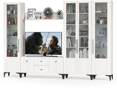 Валенсия Гостиная № 067, цвет ЛДСП белый шагрень/МДФ белый шагрень, ШхГхВ 327,2х38,3х225,2 см., ниша для ТВ 133х38х117 см., универсальная сборка