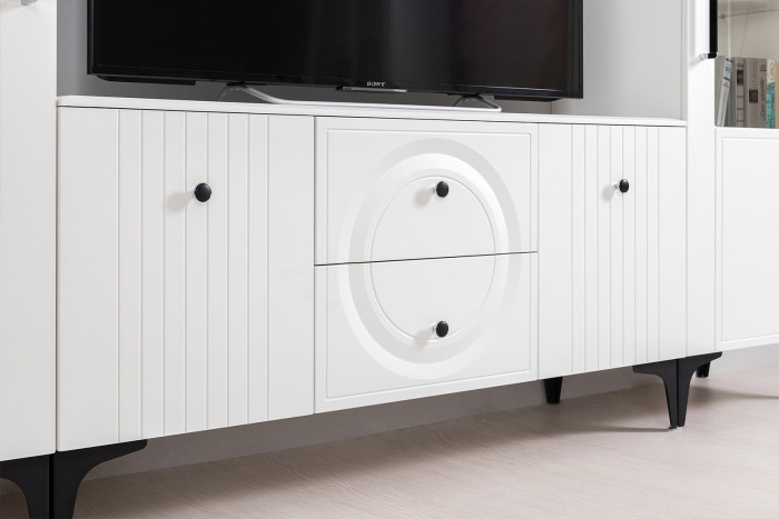 Валенсия Гостиная № 067, цвет ЛДСП белый шагрень/МДФ белый шагрень, ШхГхВ 327,2х38,3х225,2 см., ниша для ТВ 133х38х117 см., универсальная сборка