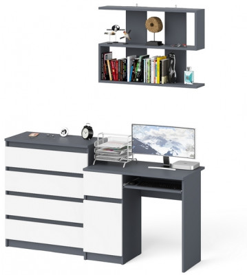 Мори компьютерный стол МС-1 левый + Комод МК800.4 + Полка 900, графит/белый