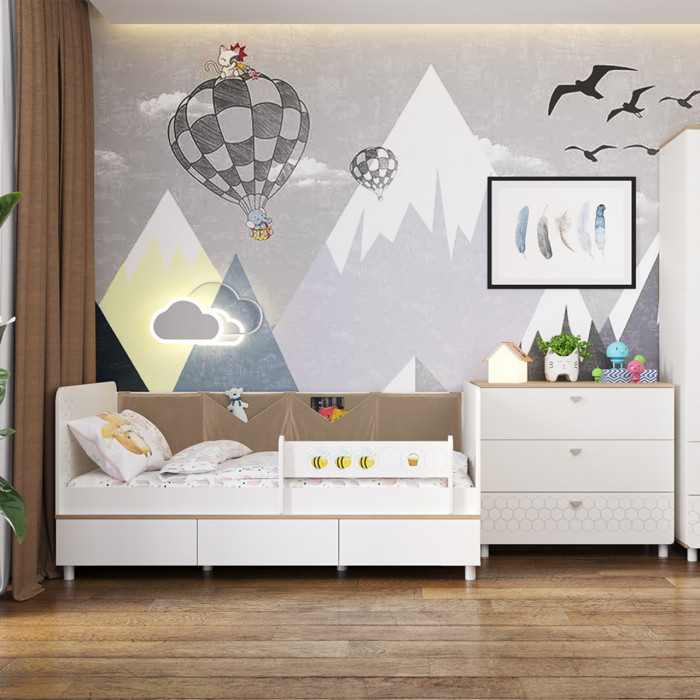 Эйп 11.40 Кровать + 13.322 Комод, цвет белый/дуб белый, сп. м. 800х1600 мм., б/м, основание есть, макс. нагрузка 80 кг., рек. выс. матр. 120 мм.