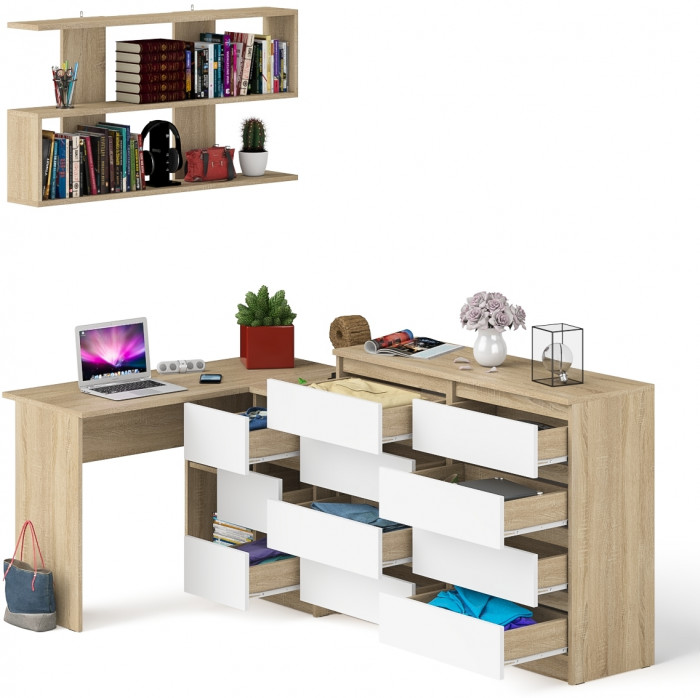 Мори компьютерный стол МС-16 правый + Комод МК1200.8 + Полка 1200, дуб сонома/белый