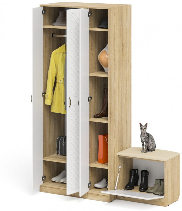 Прихожая П-6 Компоновка № 45, цвет дуб сонома/фасады МДФ белое дерево фрезеровка ромб, ШхГхВ 150х50х210 см., универсальная сборка