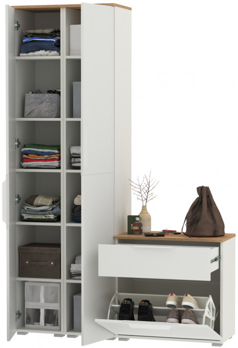 Октава Прихожая 17, белый шагрень/дуб крафт золотой/фасады МДФ белый шагрень