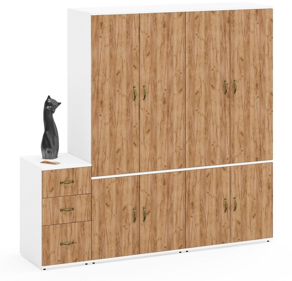 Лидер-8 Шкаф МД 19Б + Шкаф МД 19Б + Тумба МД 3.16, цвет белый шагрень/крафт золото, ШхГхВ 200х50х190 см., универсальная сборка