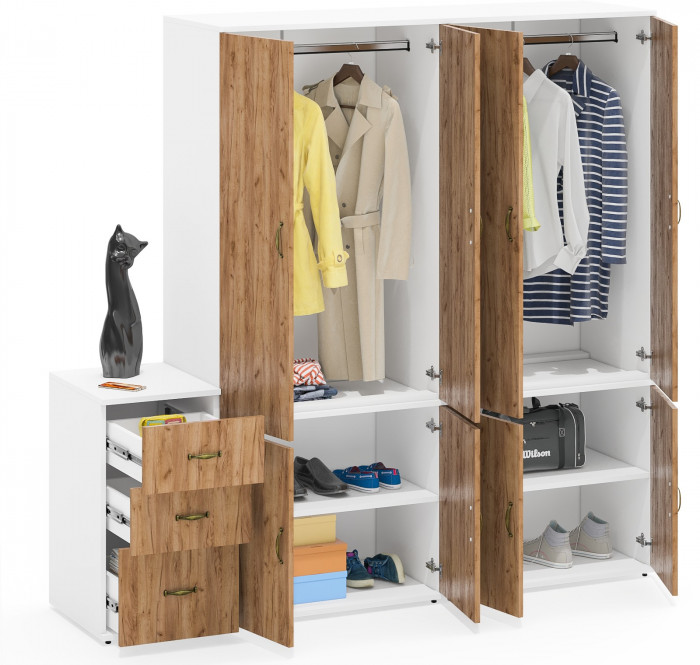 Лидер-8 Шкаф МД 19Б + Шкаф МД 19Б + Тумба МД 3.16, цвет белый шагрень/крафт золото, ШхГхВ 200х50х190 см., универсальная сборка