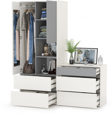 Торонто 13.333 Шкаф для одежды + 13.321 Комод, цвет белый шагрень/стальной серый, ШхГхВ 160х53х195,7 см., универсальная сборка