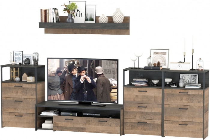 Трувор Гостиная 107, цвет дуб гранж песочный/интра, ШхГхВ 347,8х45,4х195 см., универсальная сборка