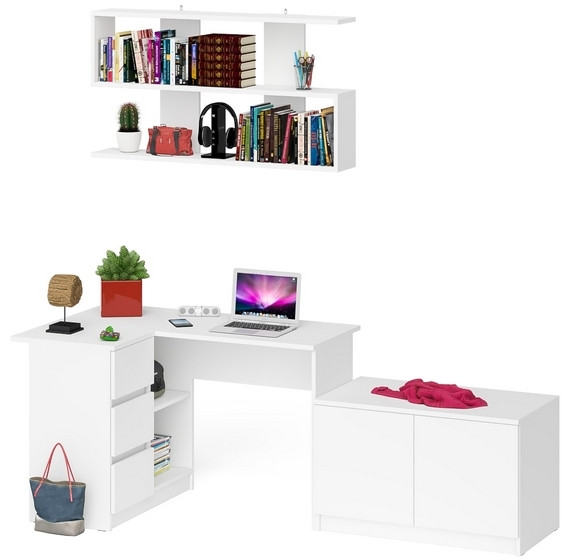 Мори компьютерный стол МС-16 левый + Тумба МА900.1 + Полка 1200, белый