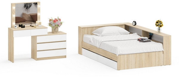 Ксения Кровать с ящиками 1200 + прикроватный блок + Столик с подсветкой 110, дуб сонома/белый