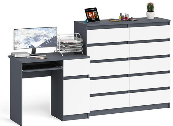 Мори компьютерный стол МС-1 правый + Комод МК1200.10, графит/белый