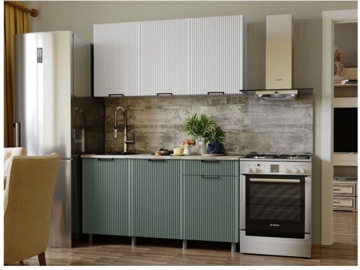 Кухонный гарнитур Кампео 1,5м Белый снег/Бриз/столешница Олдвуд