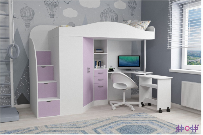 Кровать-чердак Юниор 4 (Дуб молочный/Белое дерево)