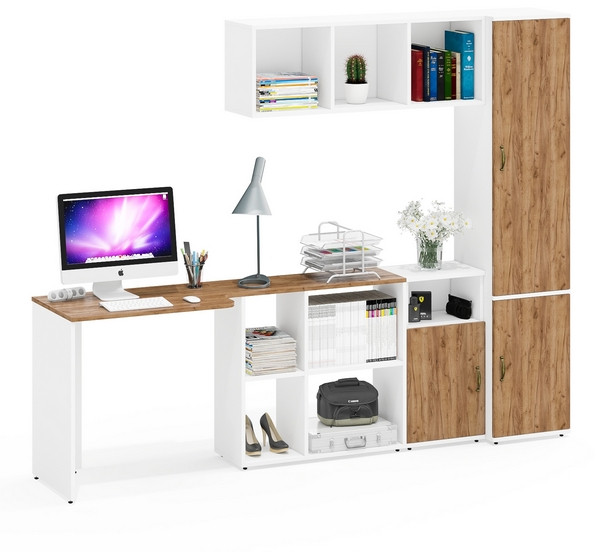 Лидер-8 Стол + Полка + Тумба МД 3.19 + Пенал МД 22Б, цвет белый шагрень/крафт золото, ШхГхВ 245х50/37,5х75/190 или 115х160/50х75/190 см., НЕ ун. сб.