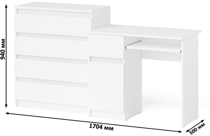 Мори компьютерный стол МС-1 левый + Комод МК800.4, белый