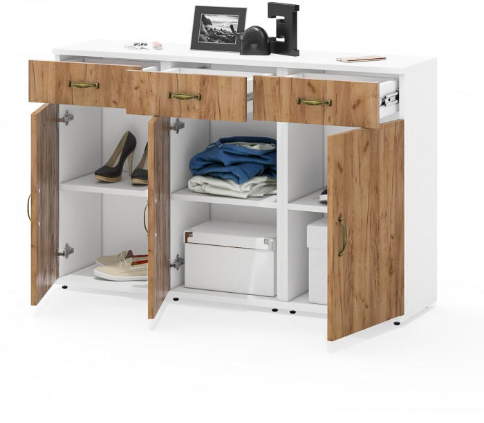 Лидер-8 Тумба МД 3.15 3 шт., цвет белый шагрень/крафт золото, ШхГхВ 120х30х75 см., универсальная сборка