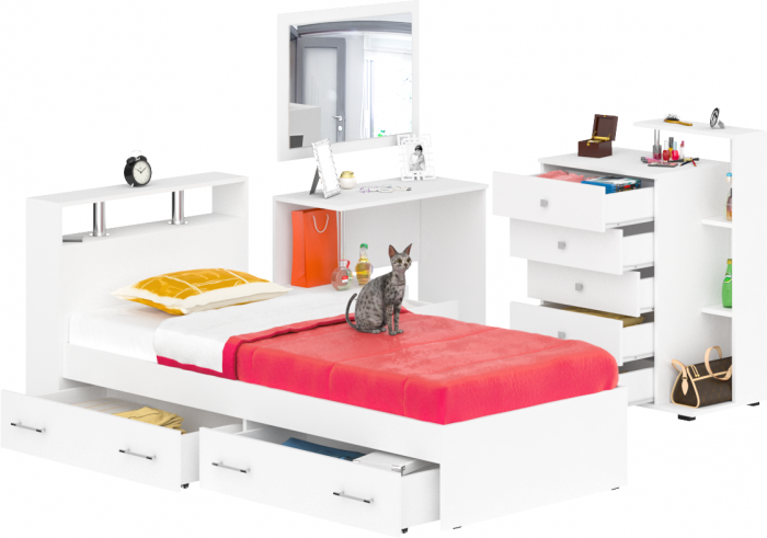 Камелия спальня № 14 Кровать с ящиками 900 + Стол косметический + Зеркало + Комод, белый