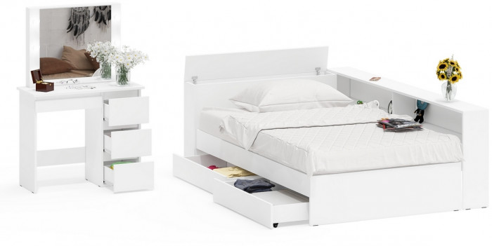 Ксения Кровать с ящиками 1200 + прикроватный блок + Столик с подсветкой Сура, белый