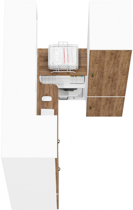 Лидер-8 Стол + Полка + Пенал МД 23Б + Пенал МД 23Б, цвет белый шагрень/крафт золото, ШхГхВ 245х50х75/190 или 115х160/50х75/190 см., НЕ ун. сборка
