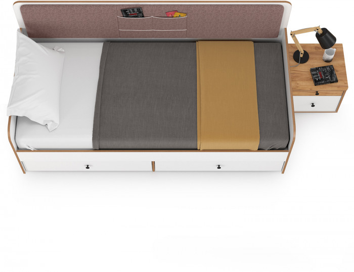 Вуди 11.02 Кровать + Тумба 13.287, цвет белый премиум/дуб крафт золотой/саванна латте, ШхГхВ 254,2х94,4х96,5 см, 900х2000 мм, б/м, осн. есть